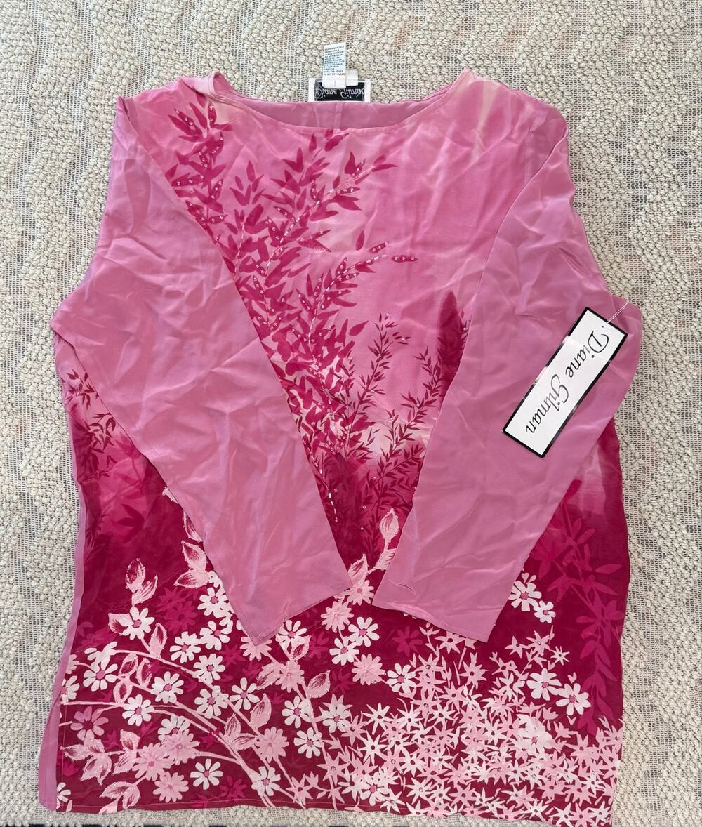 Beaded Floral Sheer Blouse Top Pink Magenta Size L